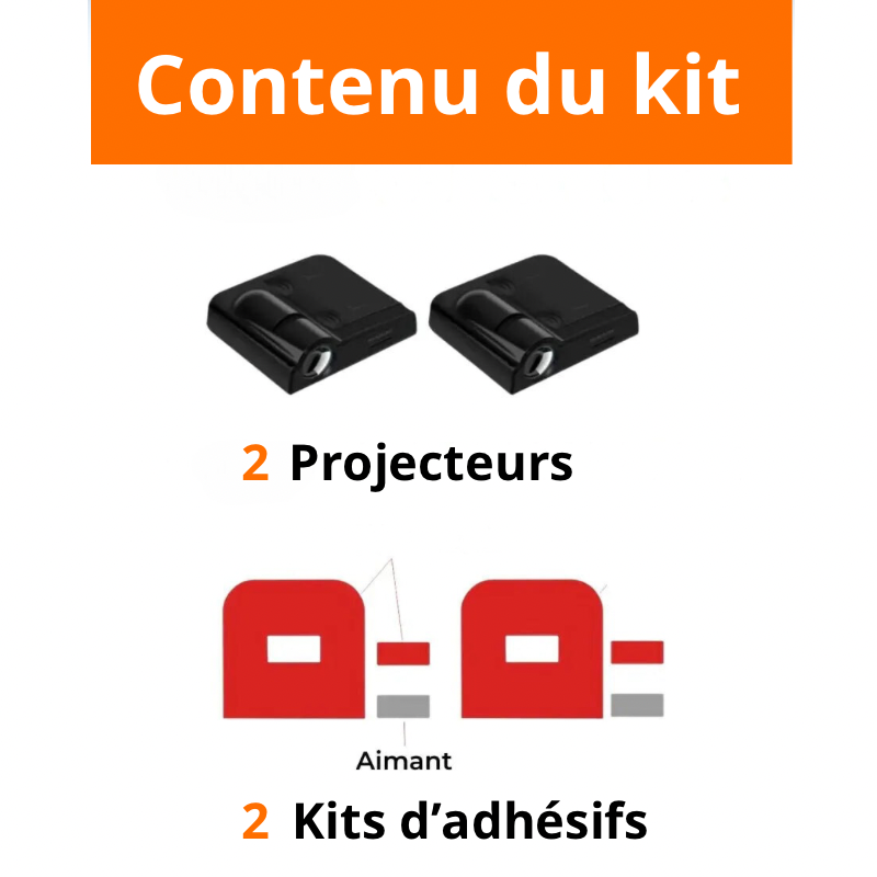 Contenu du kit de projecteurs LED de logo pour portière de voiture, comprenant deux projecteurs et des kits d’adhésifs.